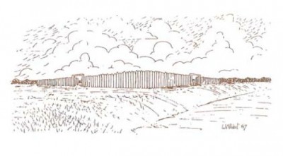 An â€œartistâ€™s impressionâ€ of Fort Desjarlais from the pamphlet â€œArchaeology on the Souris River.â€ The original pen-and-ink drawings prepared for the newspaper series have been lost.